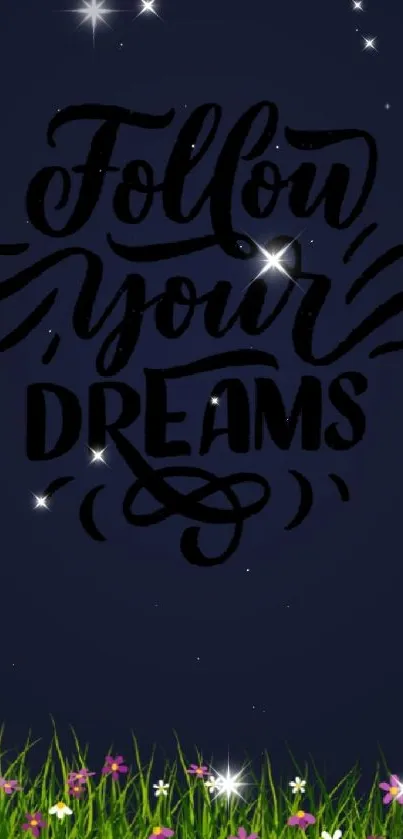 Follow your dreams wallpaper with gold ornaments and dark blue background.