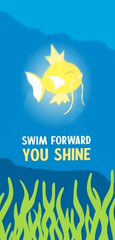 Yellow fish with motivational quote on blue background.