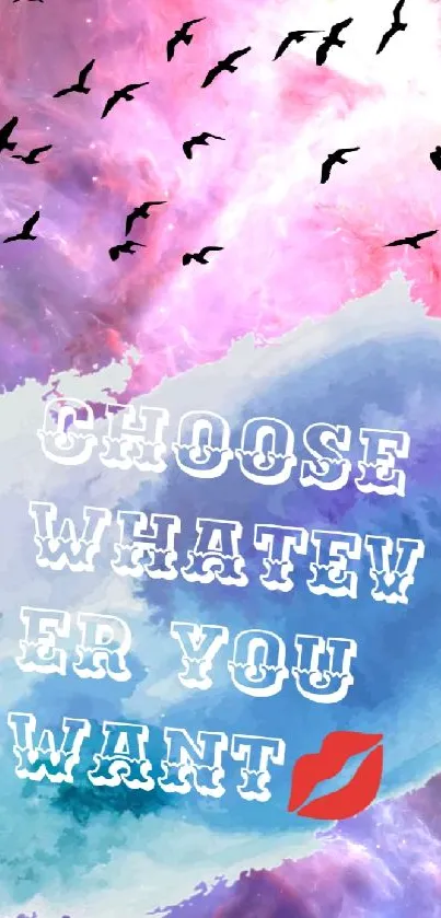 Inspirational galaxy sky wallpaper with motivational text and birds.