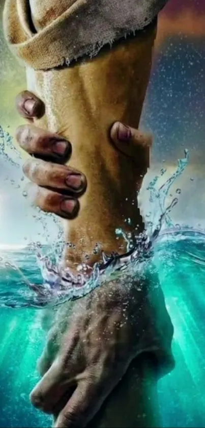 Powerful image of hands grasping in water, symbolizing hope and strength.