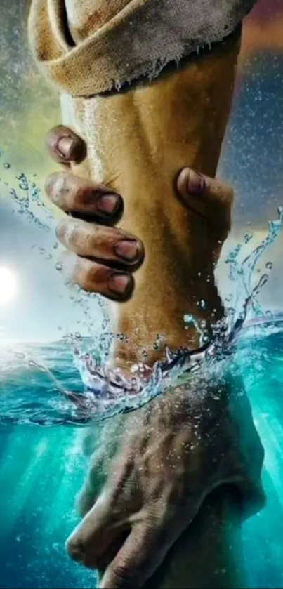 Symbolic hands embraced above water in inspiring wallpaper.