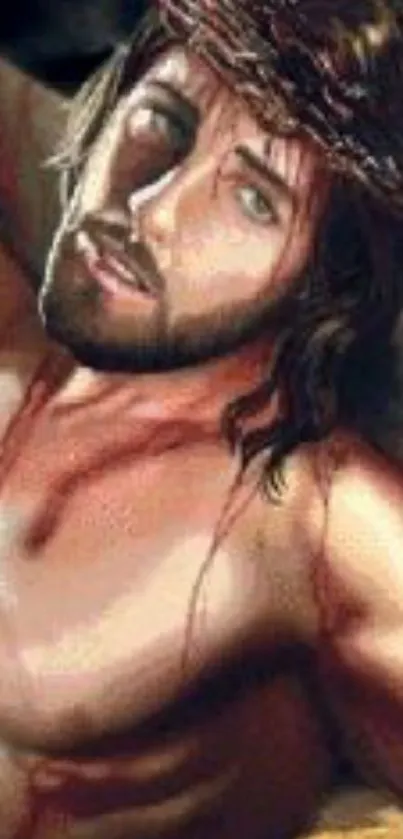 Artistic portrayal of Jesus on the cross with a crown of thorns.