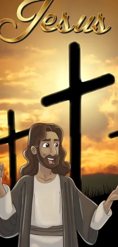 Illustration of Jesus and crosses at sunset.