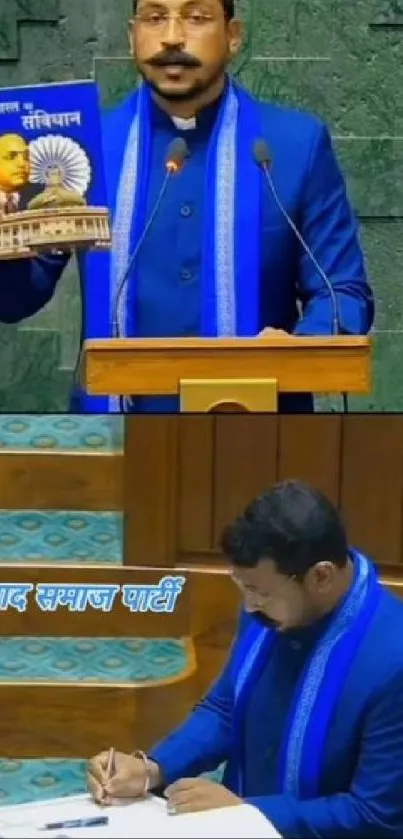 Speaker passionately addressing assembly with a book.