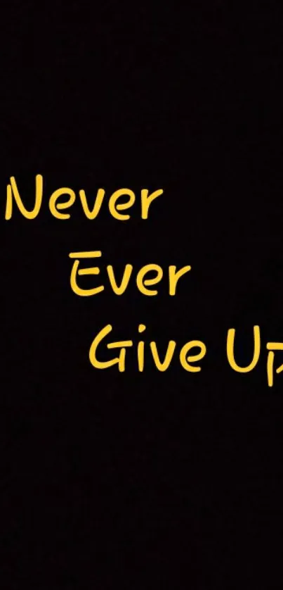 Motivational wallpaper with 'Never Ever Give Up' in yellow text on black.