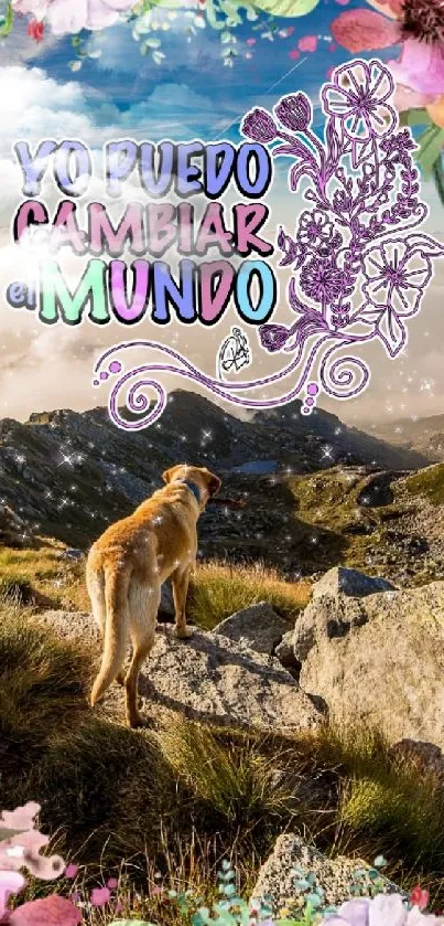 A golden retriever and Spanish quote on a mountain backdrop with floral accents.