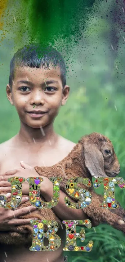 Smiling boy with lamb in colorful nature wallpaper.