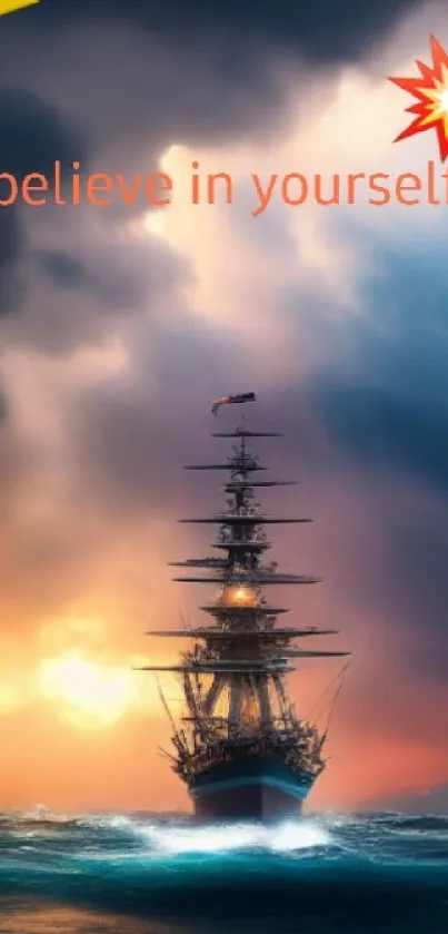 Inspiring mobile wallpaper with ship at sunset and motivational text.