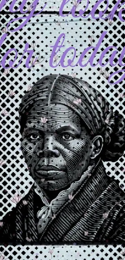 Detailed black and white historical portrait art wallpaper with text overlay.