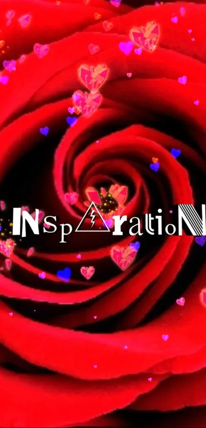 Vibrant red rose with pink hearts and the word 'Inspiration' in striking typography.