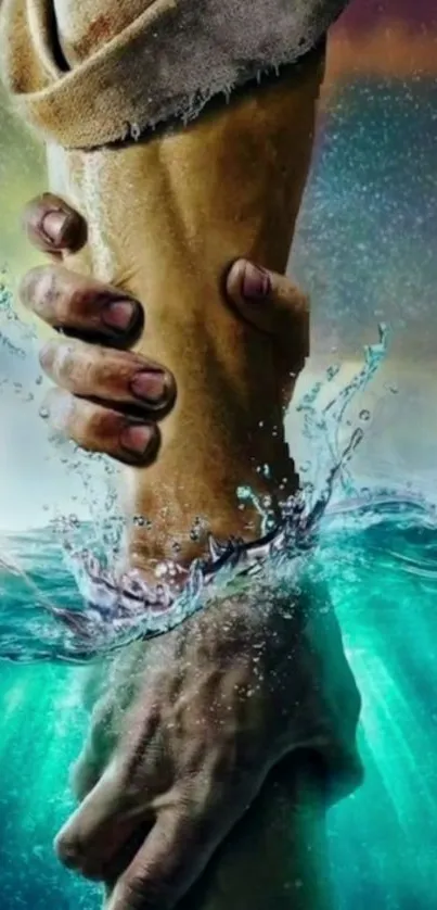 Hands grasping underwater, symbolizing strength and rescue in teal-toned wallpaper.