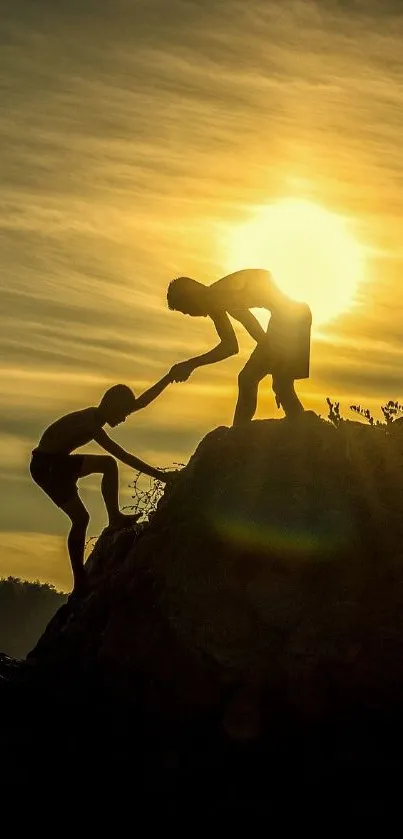 Two figures at sunset helping each other on a hill.