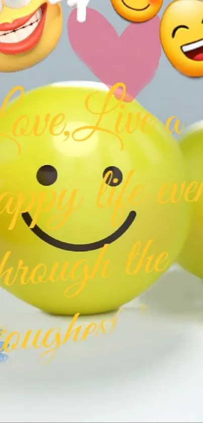 Bright yellow smiley face with motivational quote and emojis.