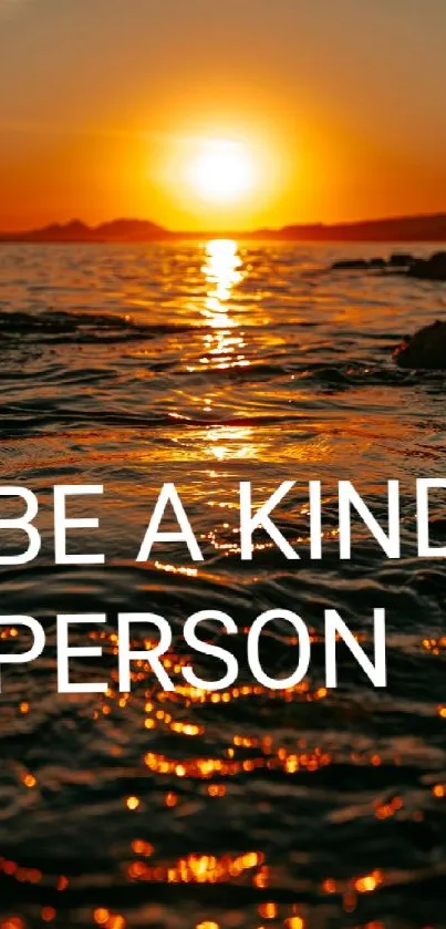 Golden sunset reflecting on ocean waves with 'Be a Kind Person' quote.