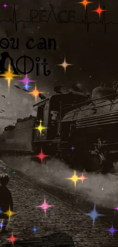 Inspirational mobile wallpaper with train and motivational quotes.