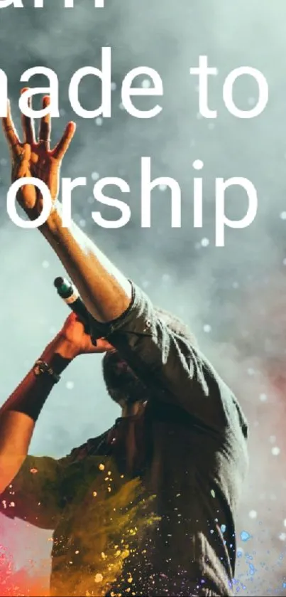 Musician performing passionately with vibrant colors and worship text.