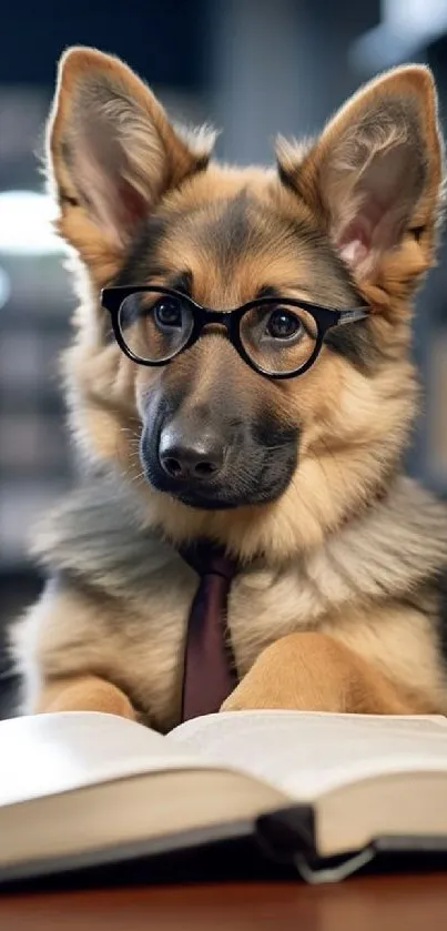 Cute dog wearing glasses and a tie reads a book in a cozy setting.