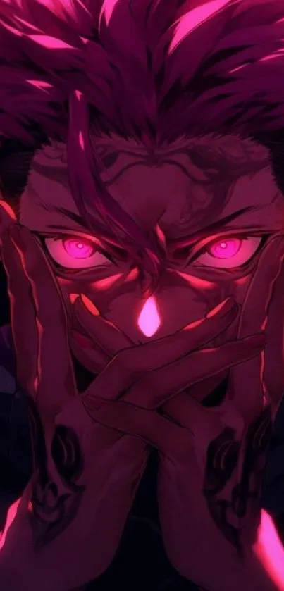 Anime character with intense pink gaze and hands.