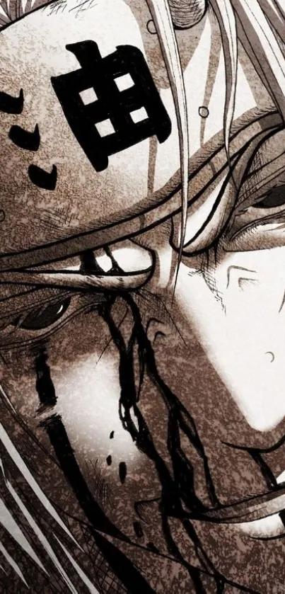 Close-up of an anime character with intense expression and dark tones.