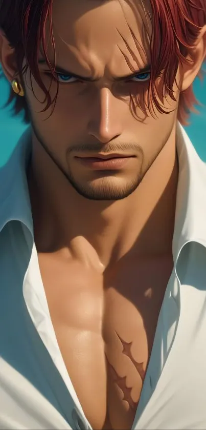 Anime character with blue eyes and a white shirt, intense stare.