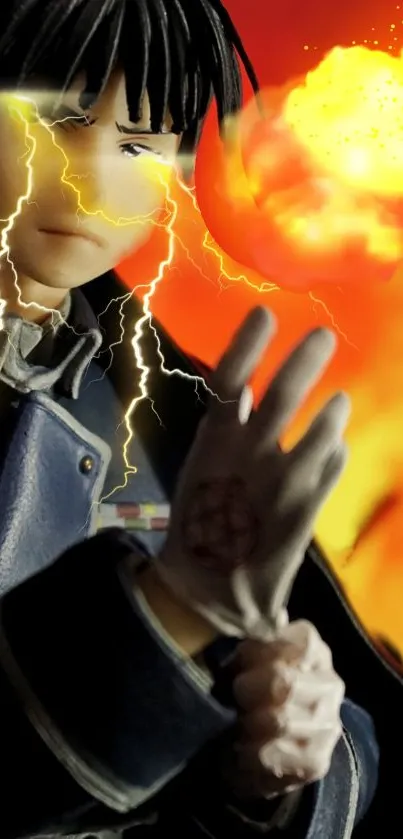 Anime character against fiery red backdrop.