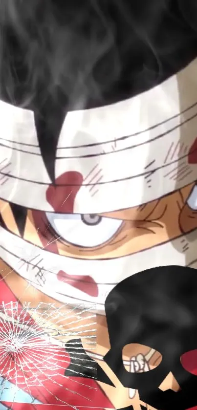 Anime character with intense bandaged face and red, black color scheme.