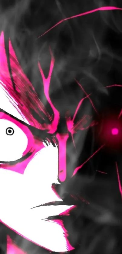 Intense anime character with pink highlights on a dark background.