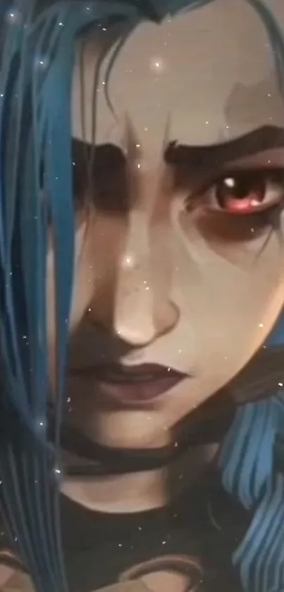 Intense anime character with dark blue hair and red eyes.