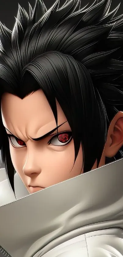 Anime character with spiky black hair and intense red eyes in stylish art design.