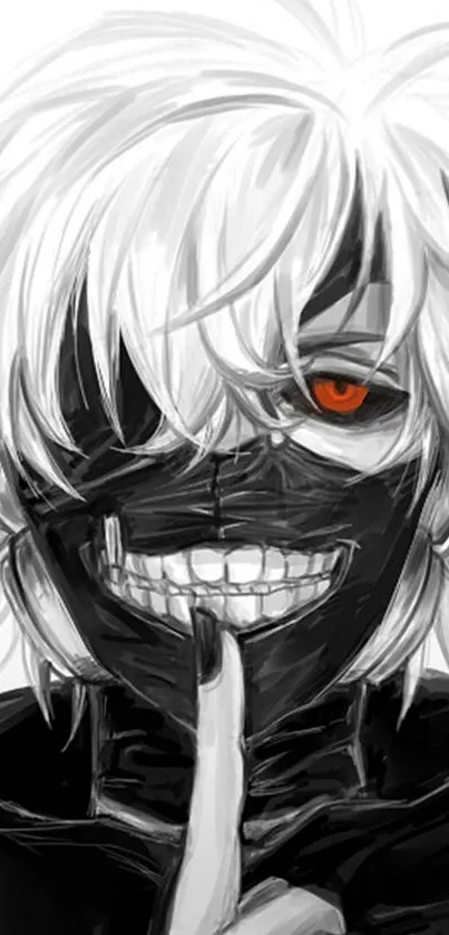 Anime character with white hair and red eye in a black mask wallpaper.