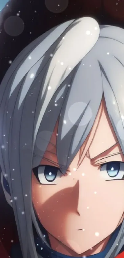 Anime character with blue eyes and silver hair in a vibrant style.