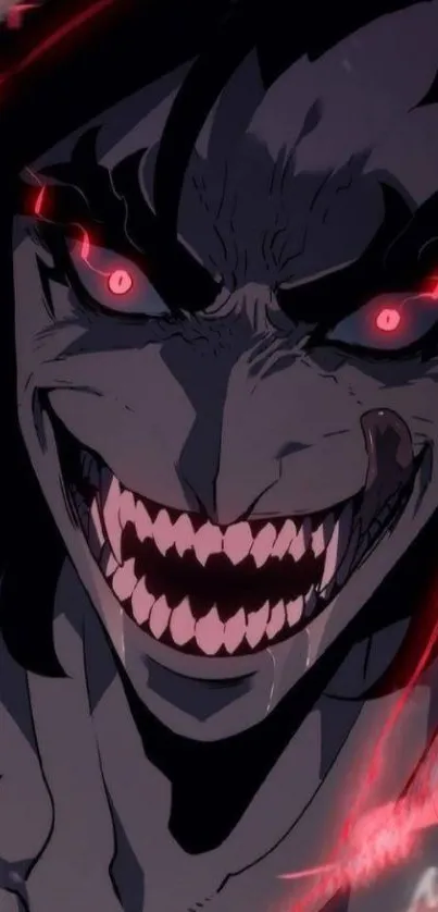 Dark themed anime demon face with fiery red eyes.