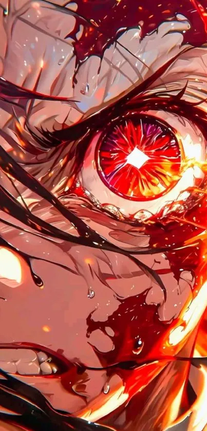 Intense anime eye with vibrant red hues and dynamic design.