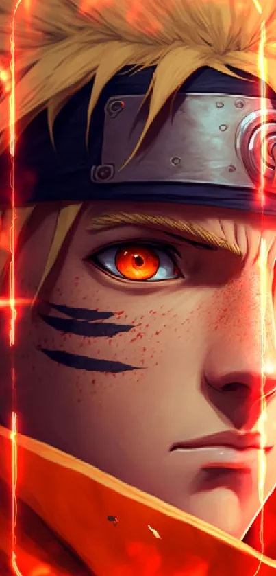 Vivid anime warrior with glowing orange eyes and fiery background.