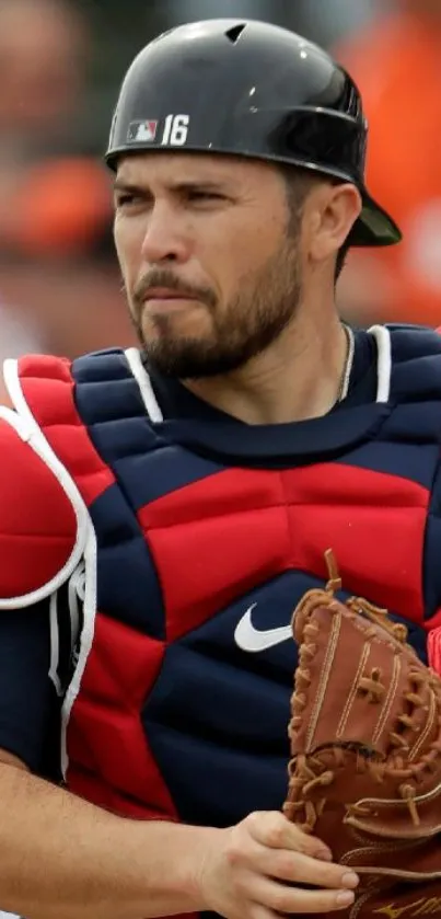 Baseball catcher in action, wearing protective gear.