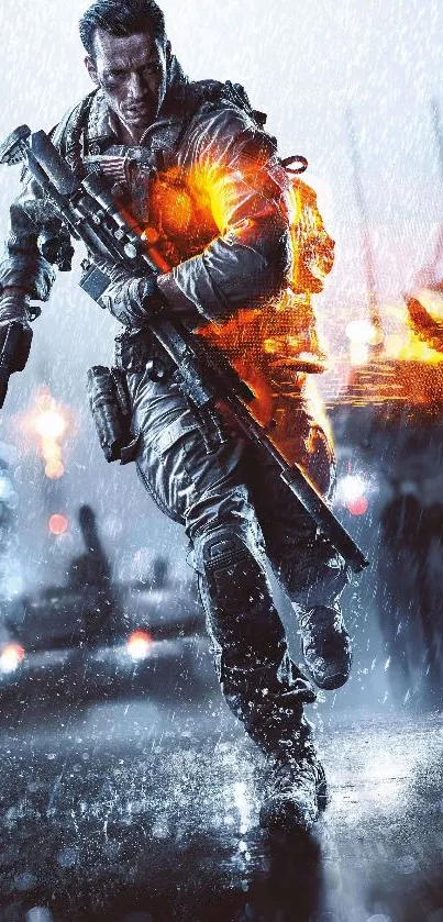 Soldier running through rain with vivid explosions in the background of a battlefield scene.