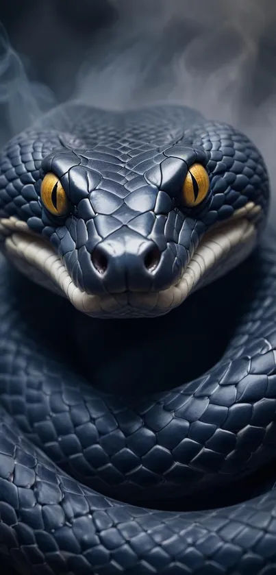 Close-up of a black snake with striking yellow eyes against a smoky backdrop.