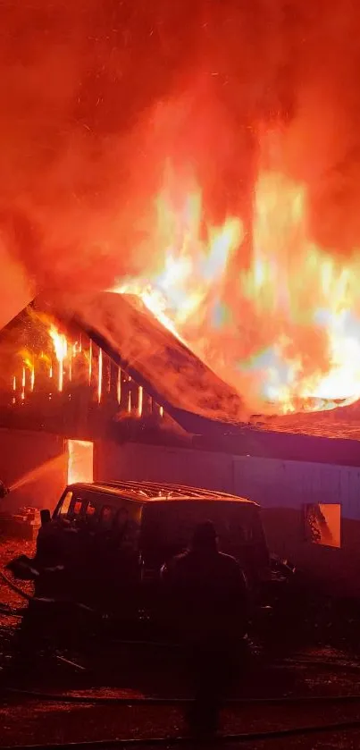 Mobile wallpaper of building engulfed in intense flames at night.