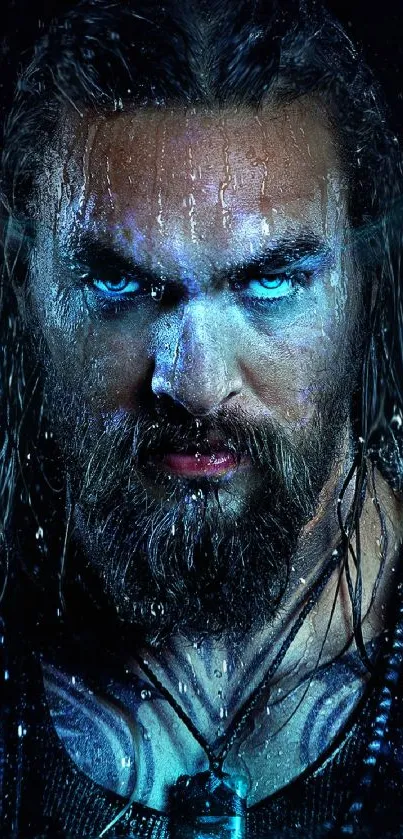 A dramatic wallpaper of a character with intense blue eyes and atmospheric rain.