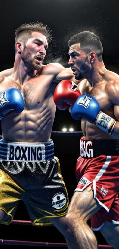 Two boxers engaged in a fierce ring battle with vibrant gear under spotlight.