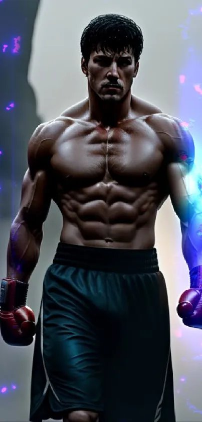 Muscular boxer in dark landscape, intense focus.