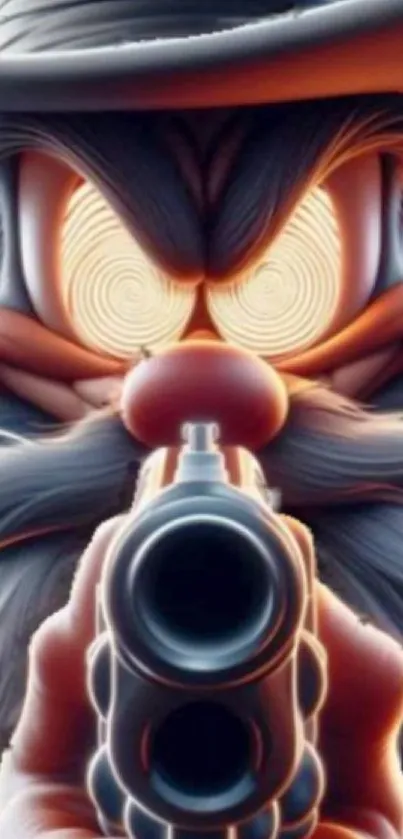 Cartoon character with hypnotic eyes and a gun, intense wallpaper design.