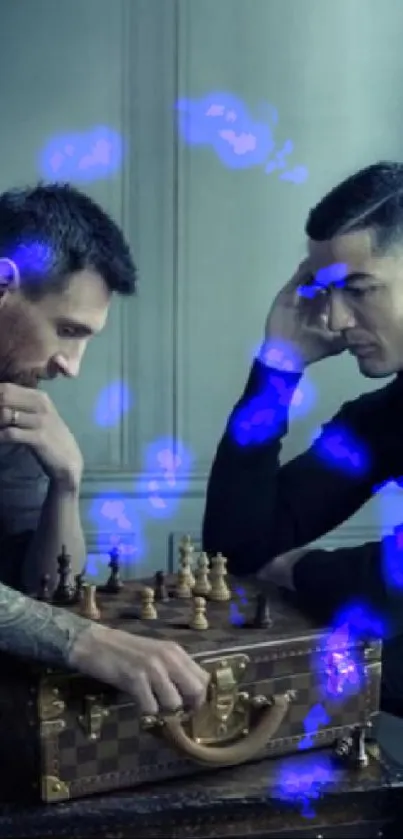 Two men intensely playing chess on a stylish, luxury box.