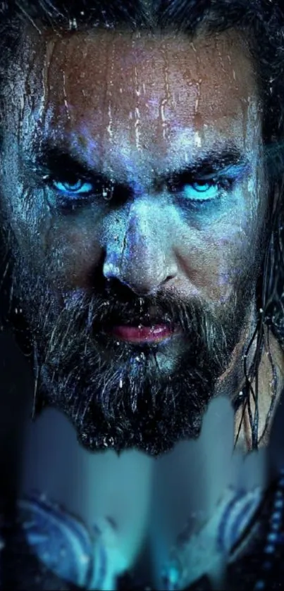 Intense, rain-soaked character with blue eyes in a cinematic portrait wallpaper.