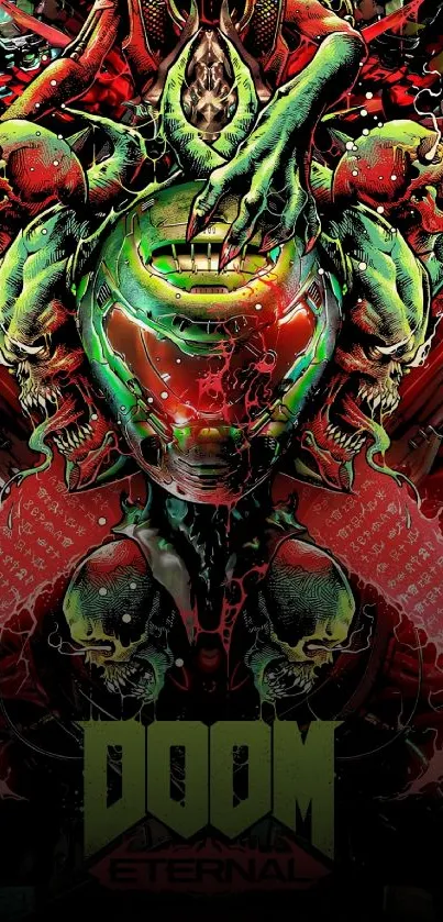 DOOM Eternal wallpaper with vibrant green and red demonic design.