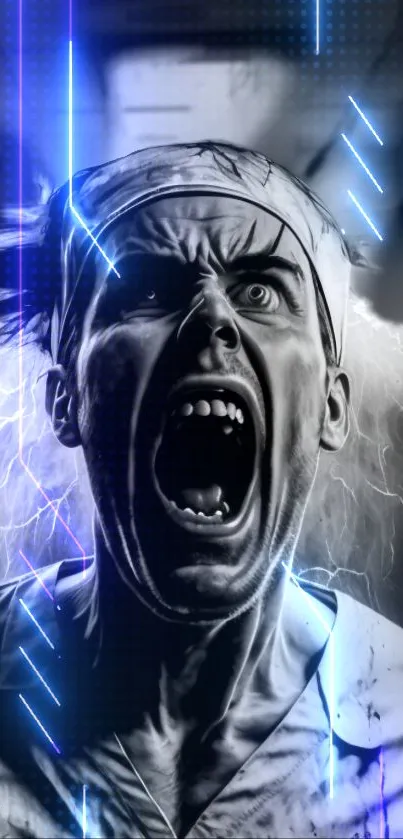 Electrifying black and white scream portrait with blue lightning accents.