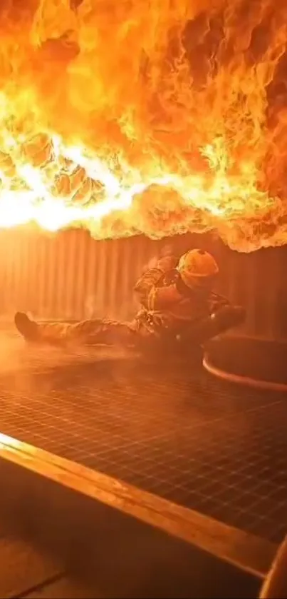 Firefighter in action surrounded by intense flames.