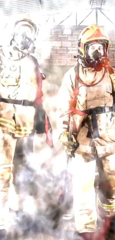 Two firefighters in full gear amidst smoke and flames.