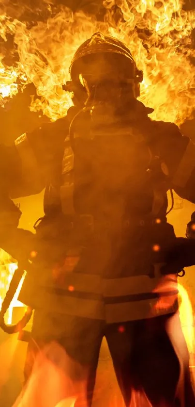 Firefighter bravely stands amidst roaring flames, showcasing heroism and courage.
