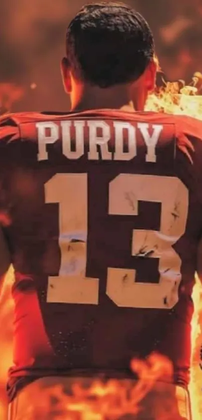 Dynamic football player in fiery blaze with bold number 13 on jersey.